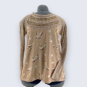 One September Aves Cream & Tan Brown Feathers Sequined Lace Long Sleeve Tee S